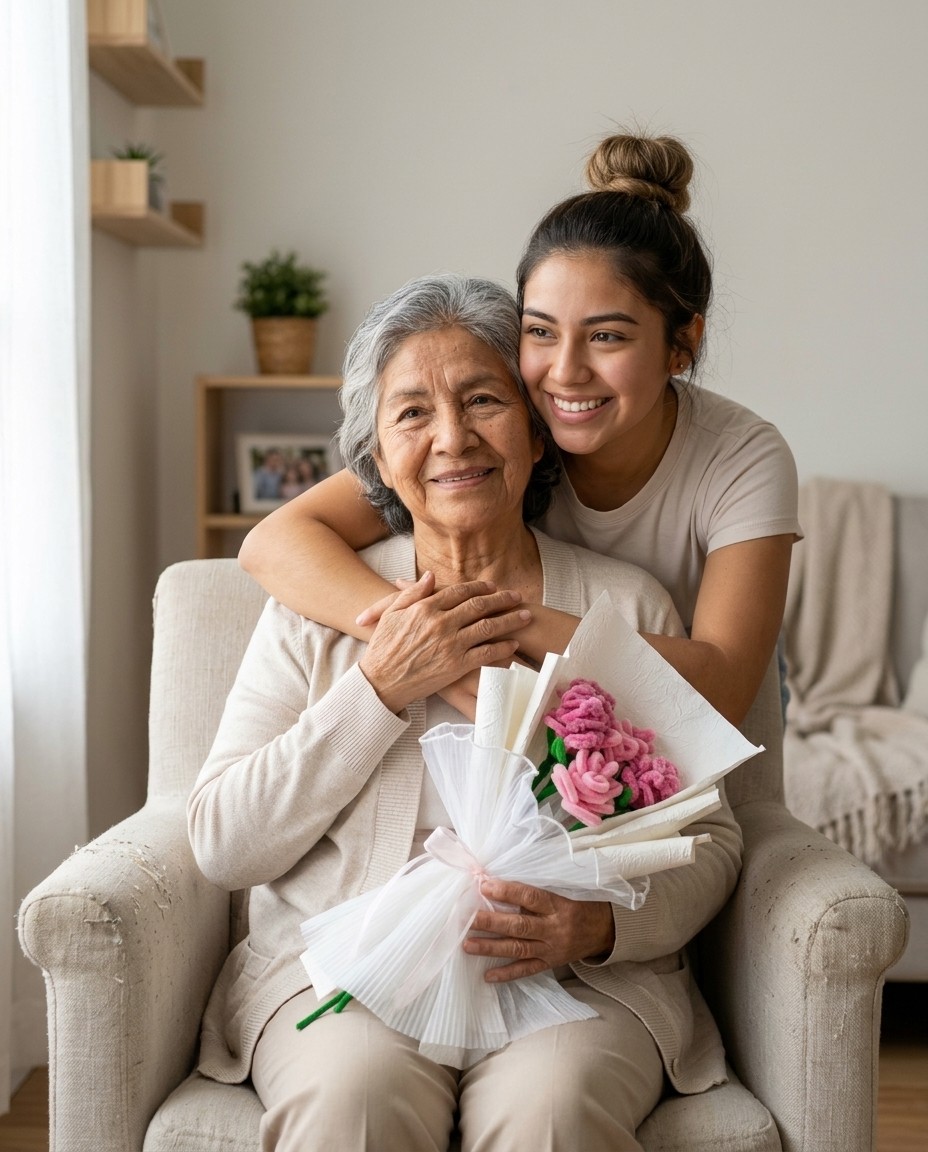 Una abuela con el ramo de rosas rosadas en el regazo mientras su nieta la abraza