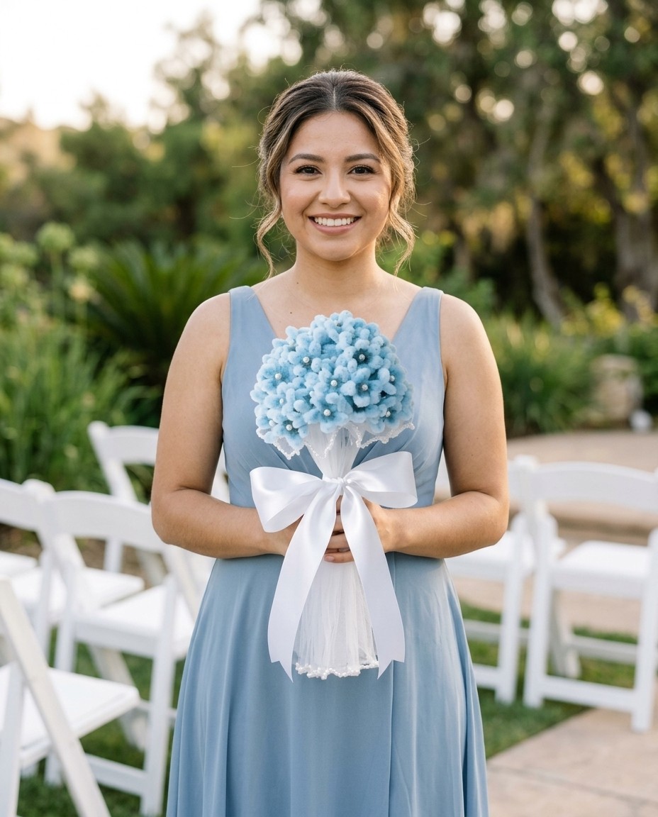 Una dama de honor sostiene la hortensia celeste en una boda al aire libre