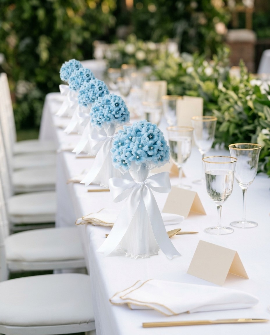 Hortensias celestes en fila sobre la mesa de una recepción de boda