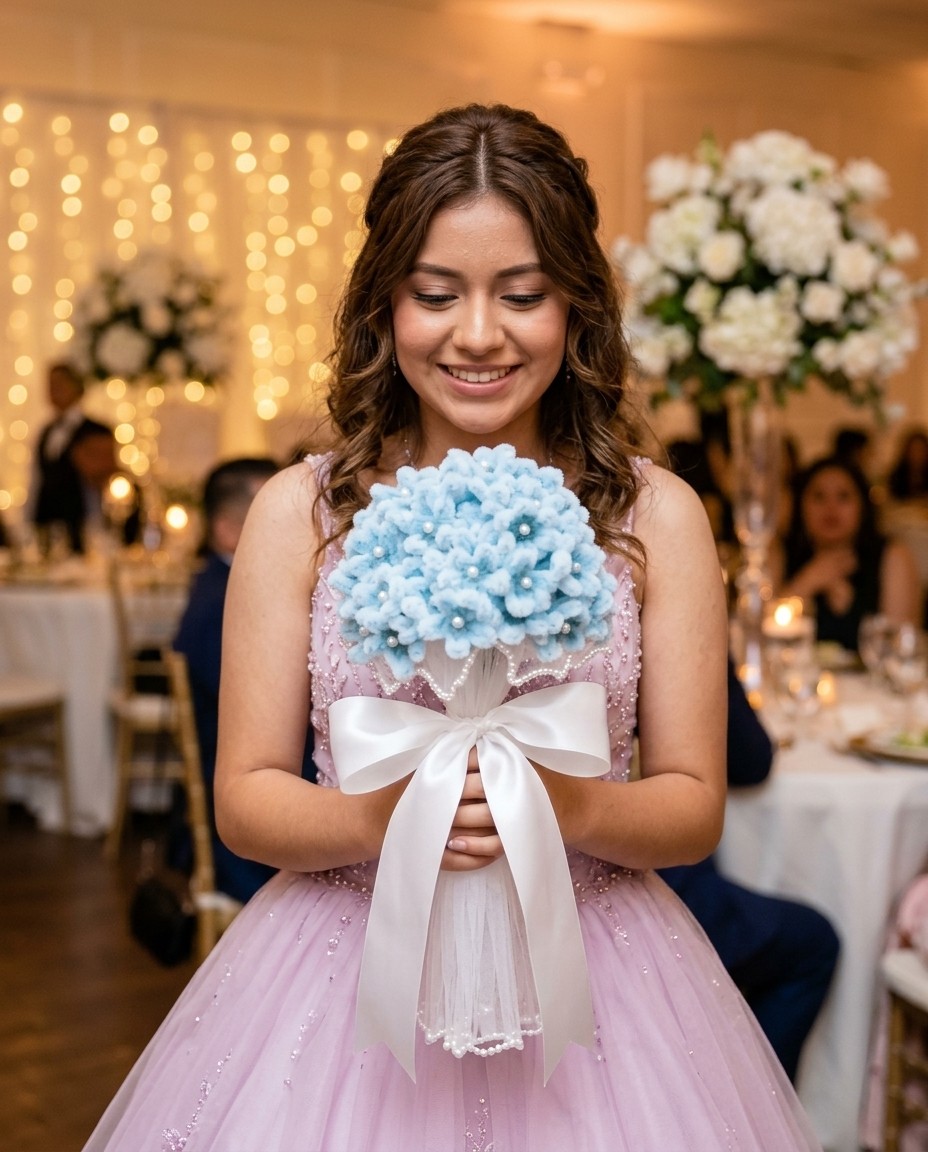Una quinceañera mira la hortensia celeste en un salón decorado