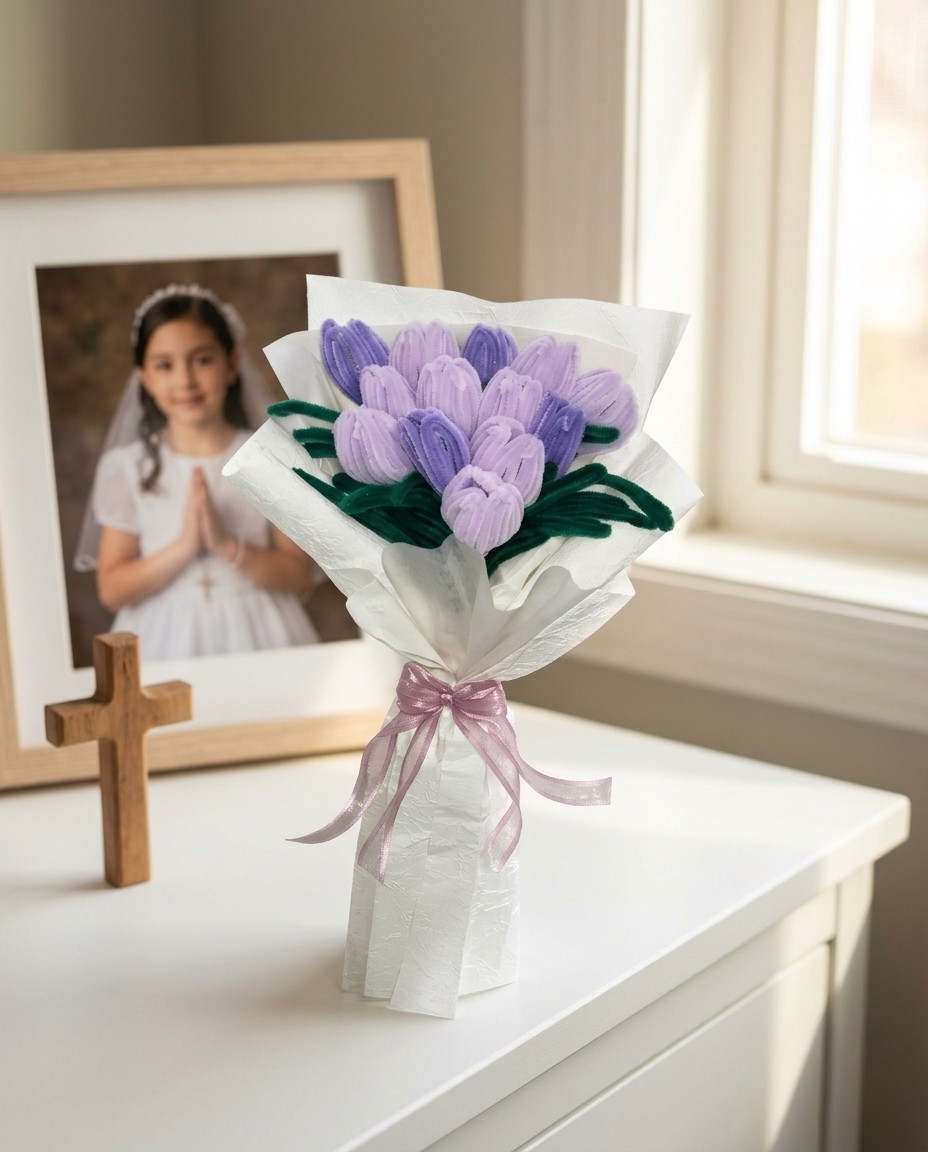 Un ramo de tulipanes lilas de chenille sobre una cómoda, junto a una cruz de madera