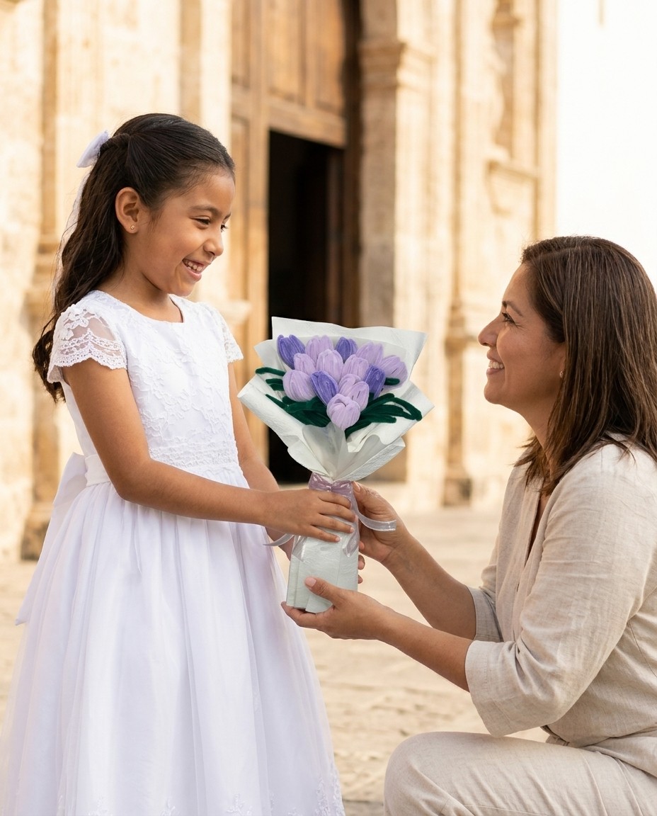 Una niña vestida de Primera Comunión recibe el ramo de tulipanes lilas de su mamá