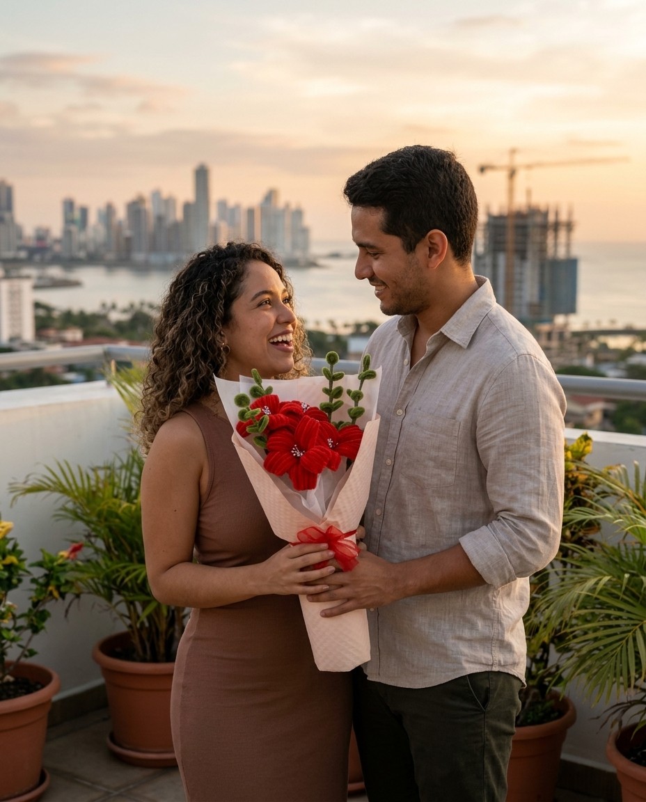 Un hombre le entrega un ramo de flores rojas a su novia en una terraza al atardecer
