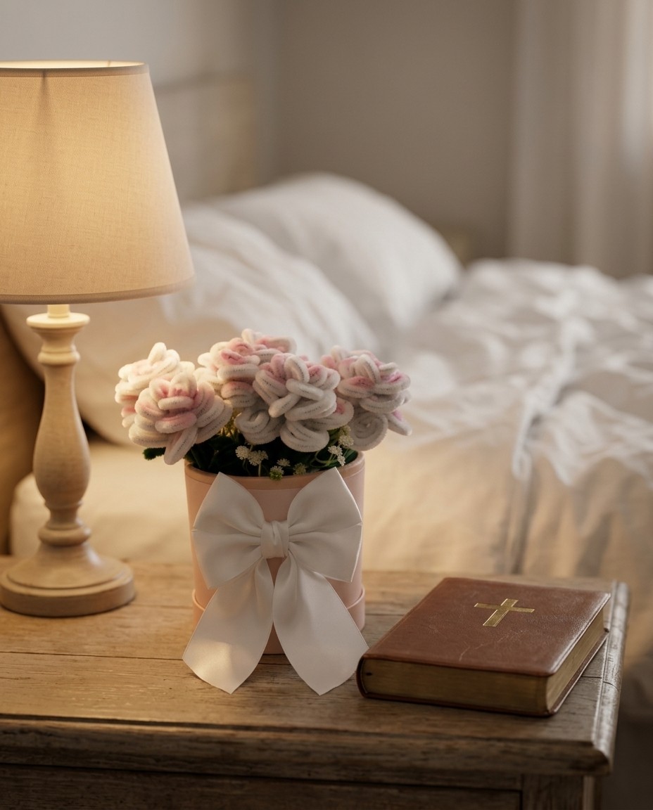 La caja de flores blancas en una mesa de noche, junto a una lámpara y una Biblia