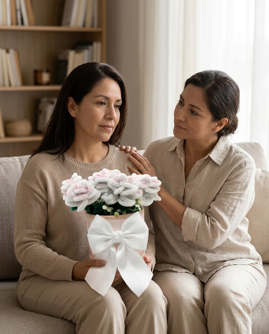 Una mujer sostiene la caja de flores blancas mientras una amiga la acompaña