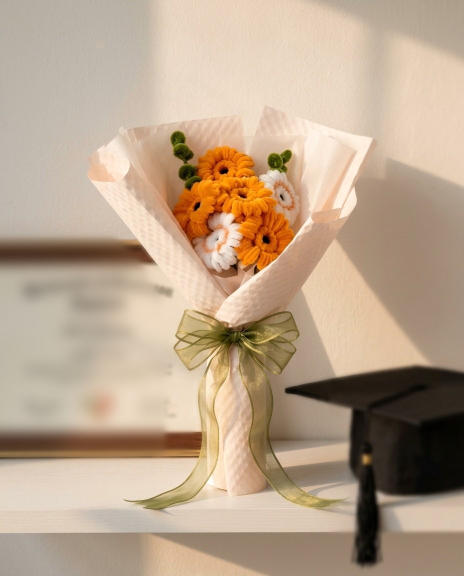 El ramo de gerberas naranjas sobre una repisa, junto a un diploma y un birrete