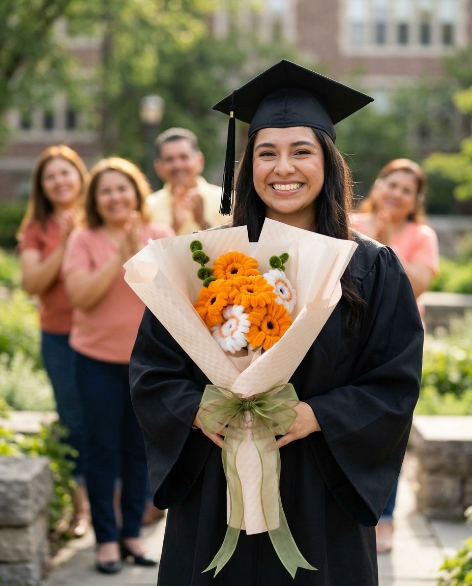 Una graduada con toga sostiene el ramo de gerberas naranjas mientras su familia aplaude