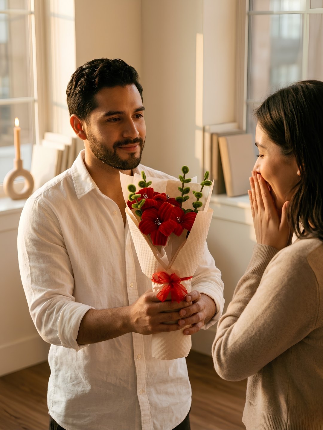 Un hombre entrega un ramo de flores eternas rojas hechas a mano a una mujer emocionada, en una sala iluminada por el sol
